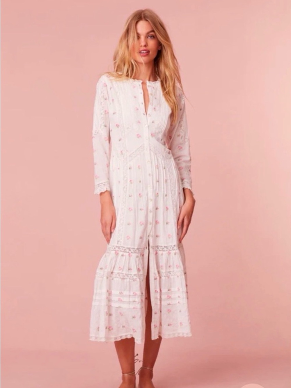 LoveShackFancy White Floral Cotton - AVIN DRESS with Pink Rose Print - Picture 2 of 7